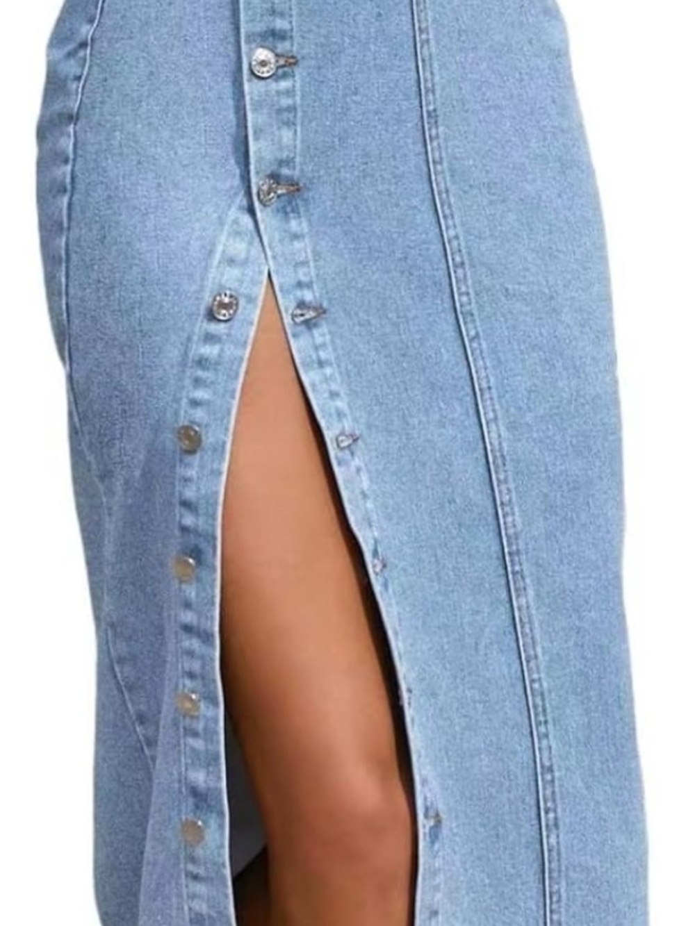 Blue Denim Button-Front Midi Skirt with Side Slit
